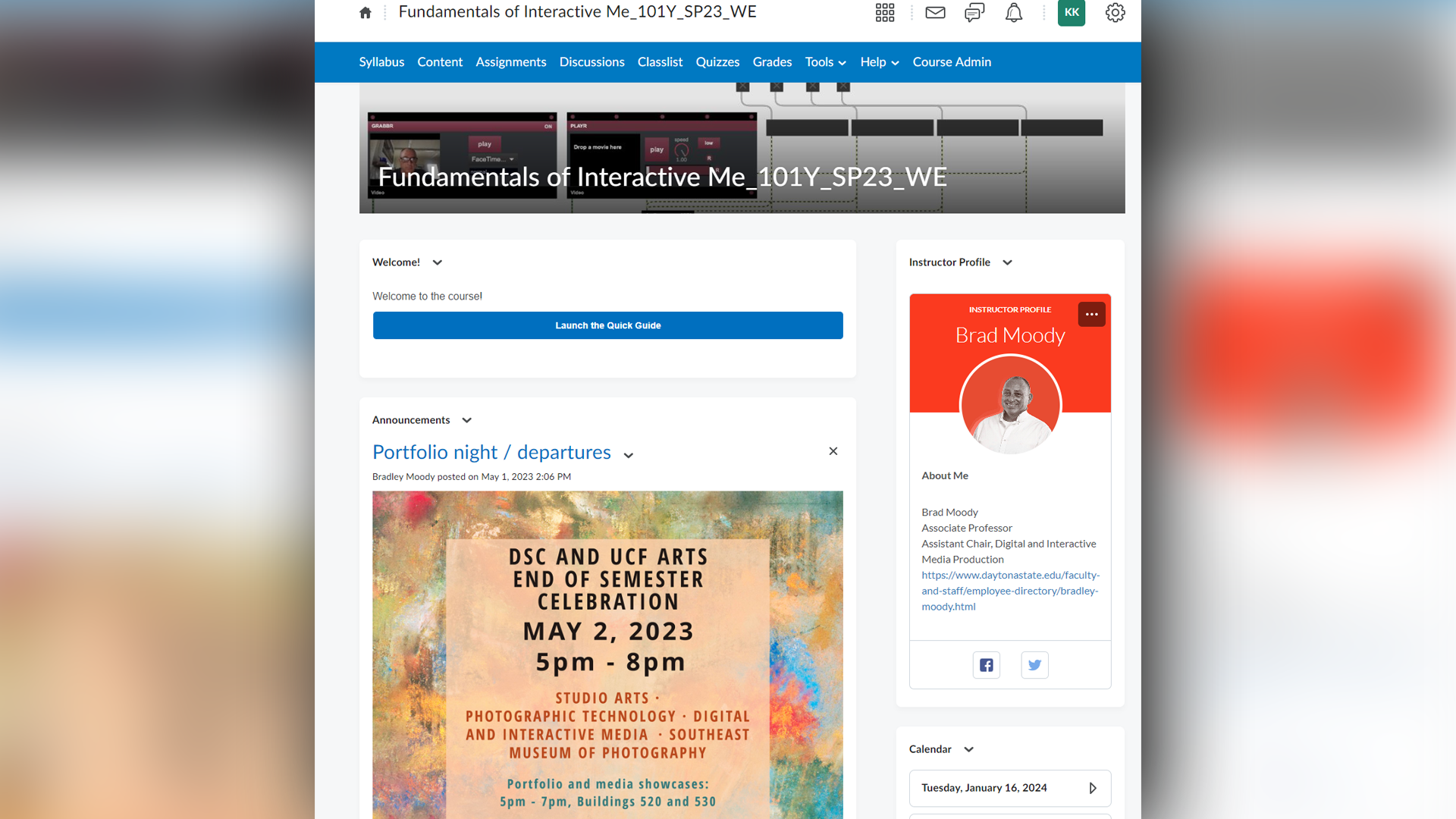 DIG2500 course home page and welcome widget